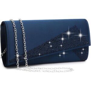 Women's Blue Satin Rhinestone Cocktail Evening Glitter Shiny Clutch Bag
